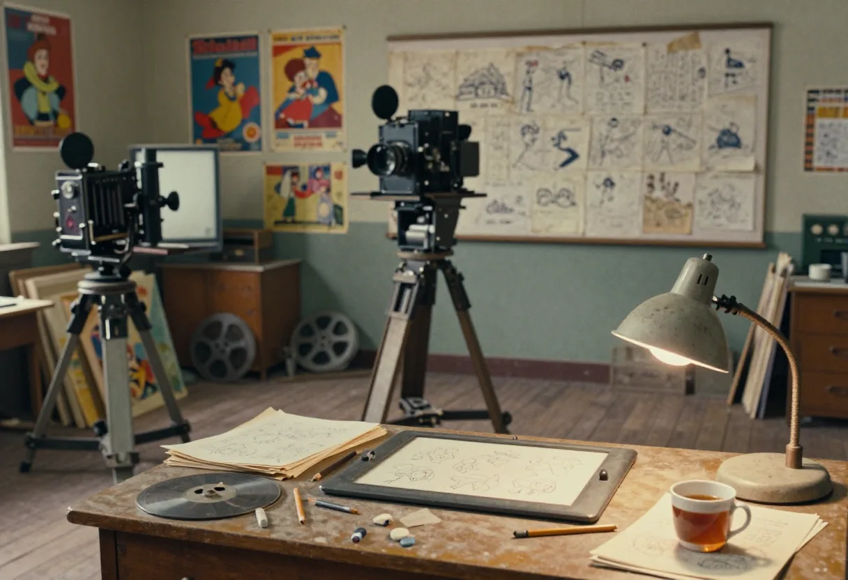 Abandoned animation studio with old drawings, light from overcast window, evolution animated series.