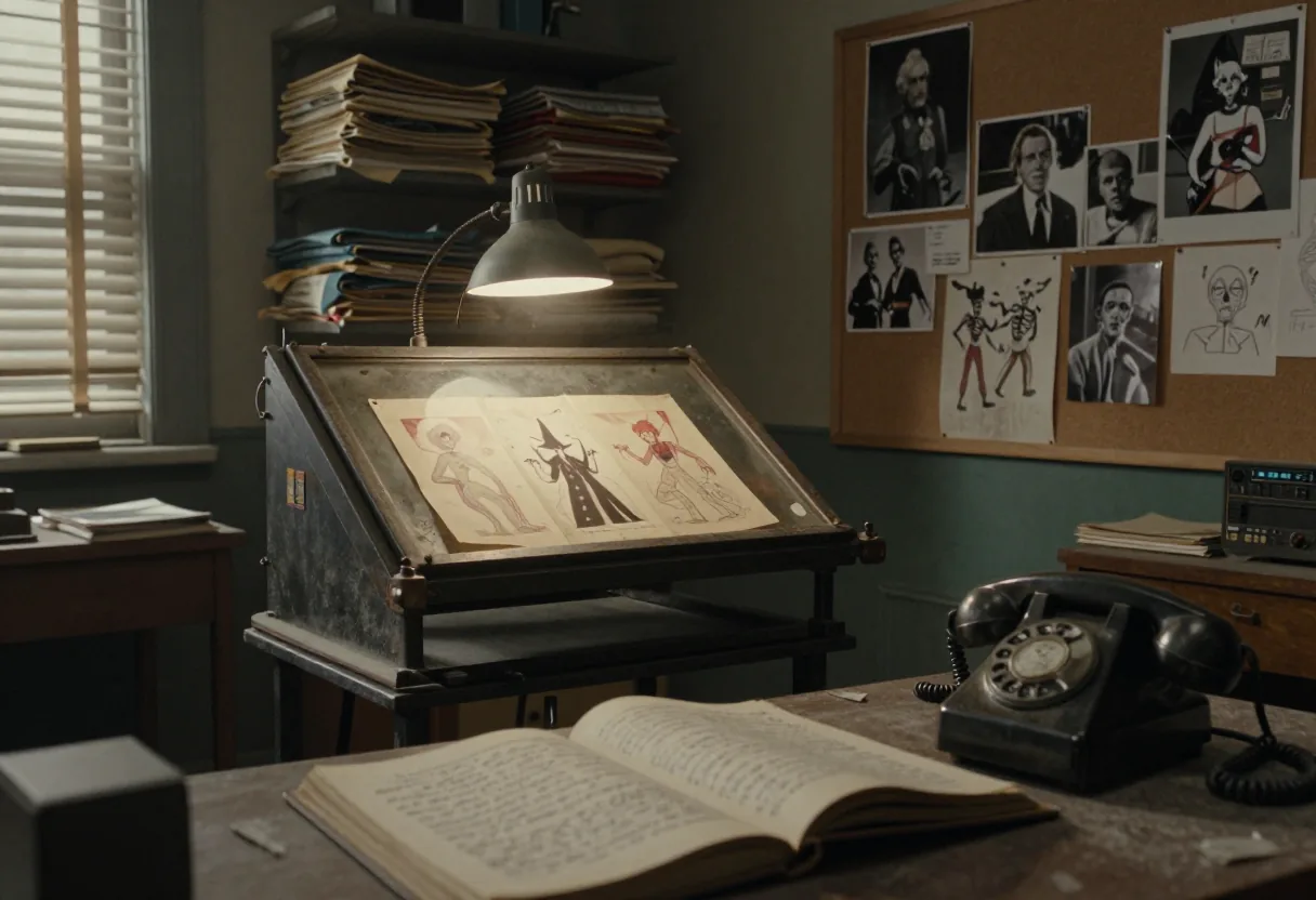 Abandoned animation studio with vintage film camera under dim light, horror animation history.