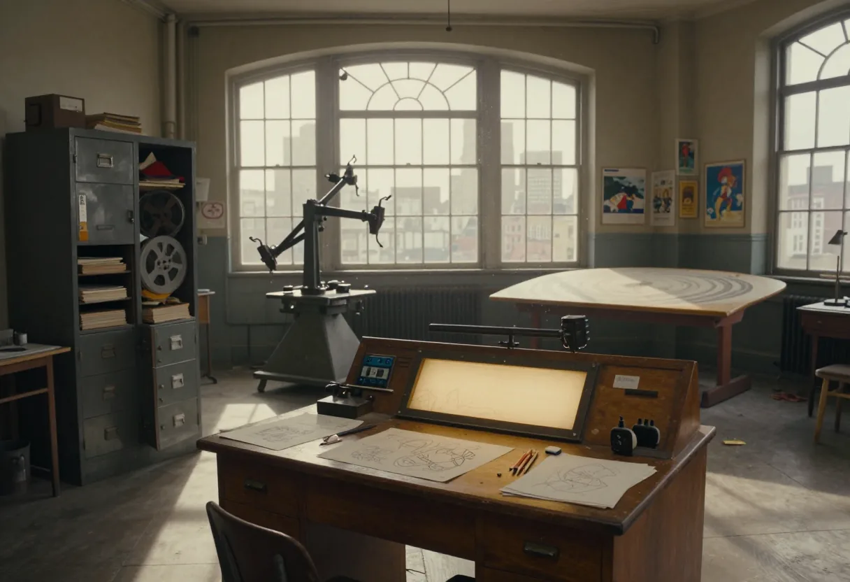 Vintage London animation studio with old equipment and drawings, showcasing animated city scene.