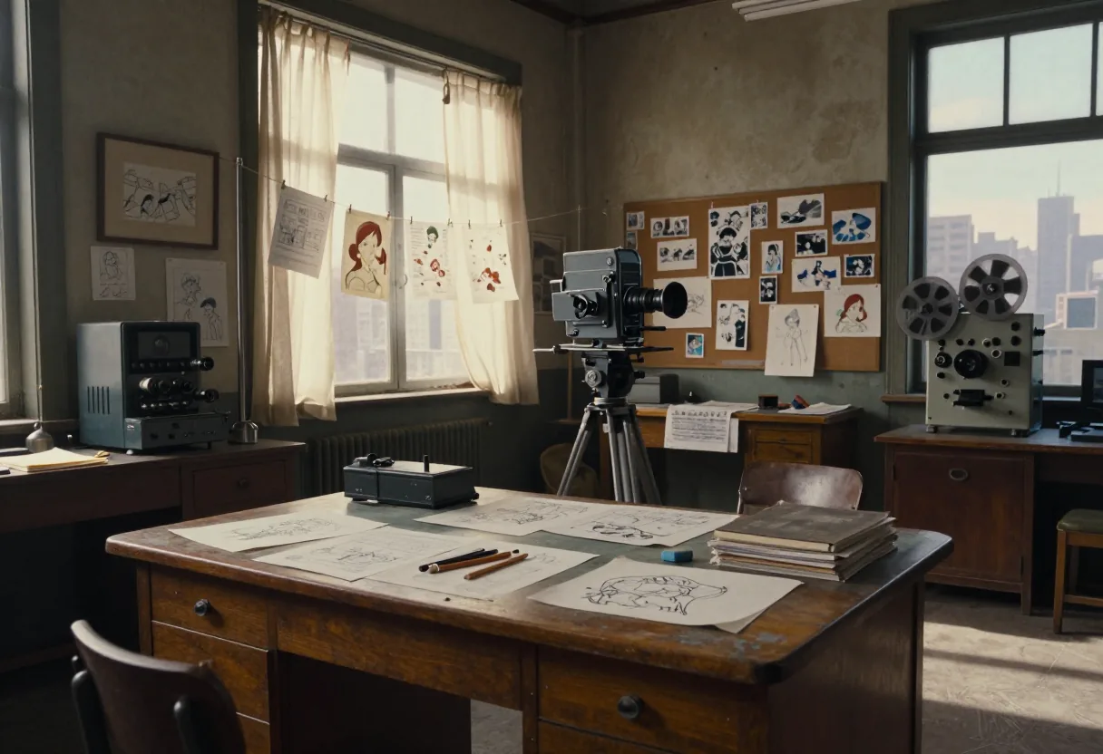 Abandoned animation studio with old tools and sunlight streaming through curtains. Animation apps.
