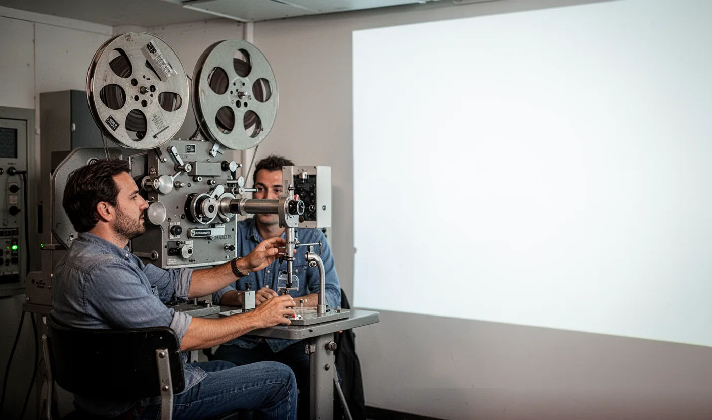 Vintage animation studio with sunlight through blinds, drawing tables, and vintage equipment.