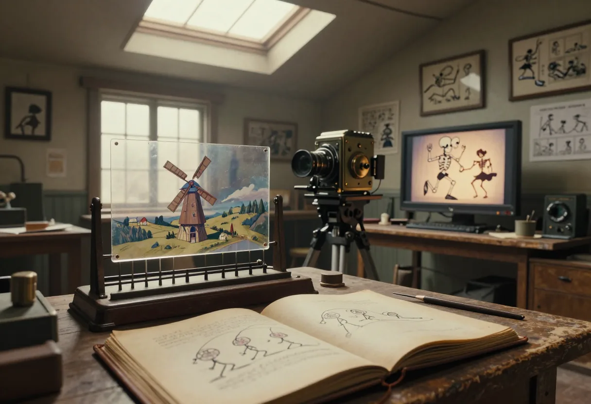 Vintage animation studio with evolution of techniques under soft north light.