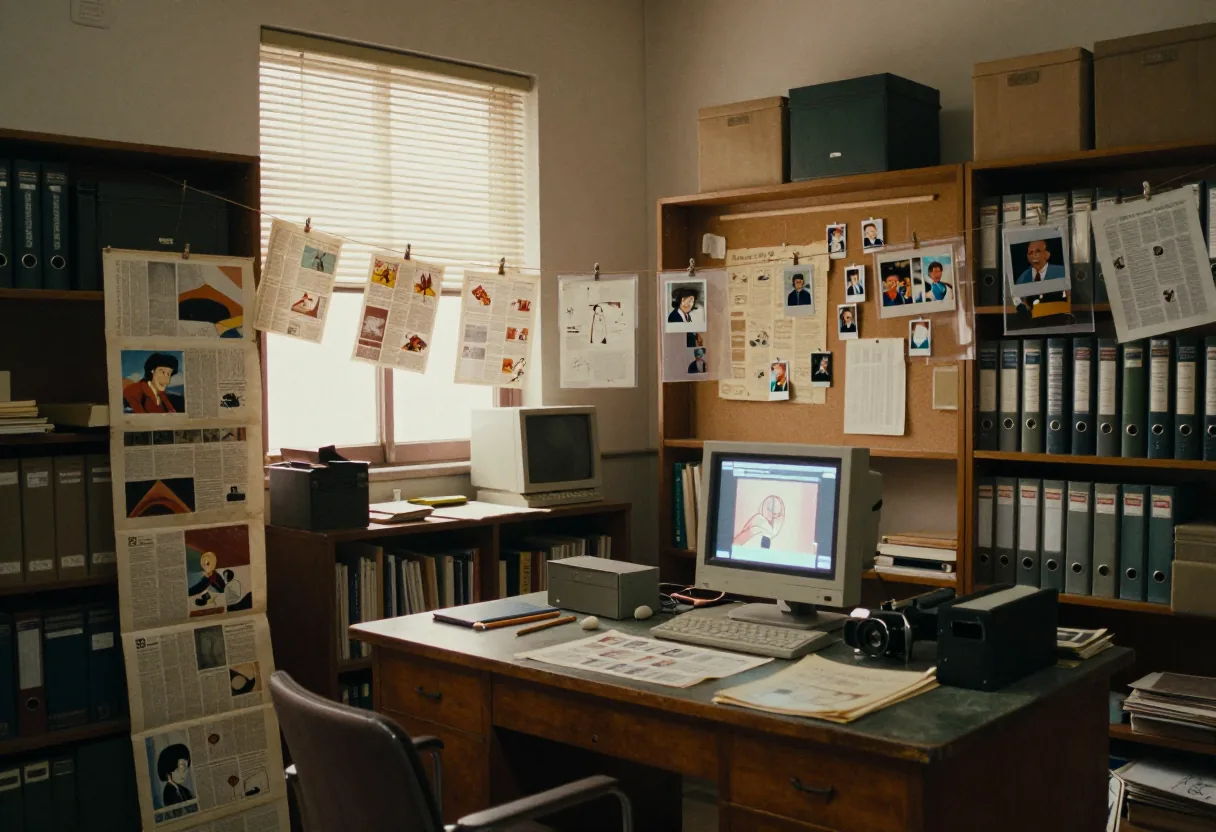 Deserted archive room with vintage animation reels, sunlight through blinds, animation websites online free.