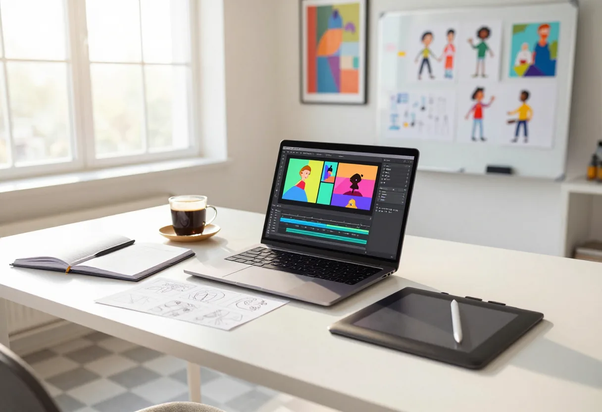 Sunlit animation studio with software interface on desktop, showcasing free accessible creation tools.