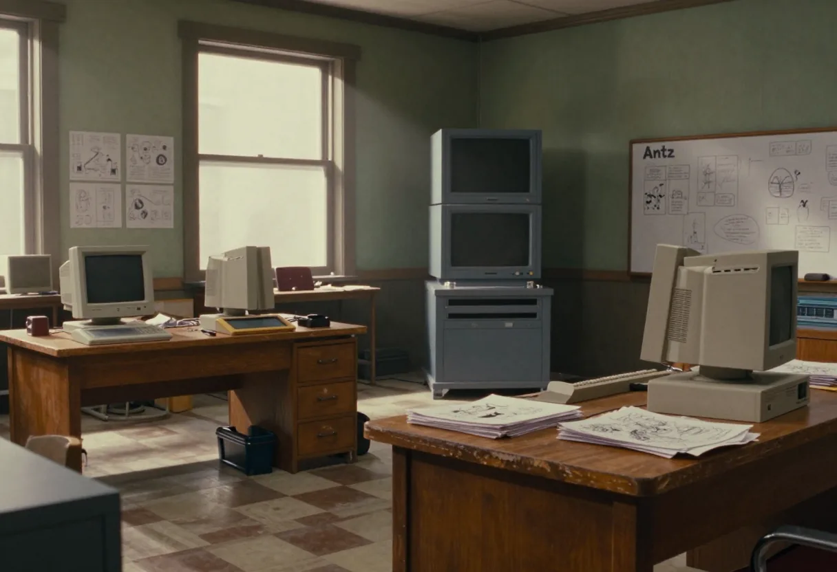 Antz characters in a sunlit, dusty animation studio, pioneering CGI animation.