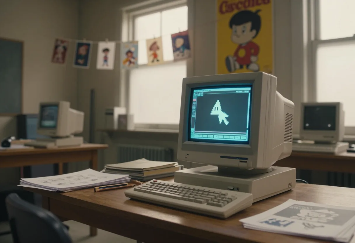 Vintage Macintosh with CRT monitor displaying early digital cartoon art in a deserted studio.