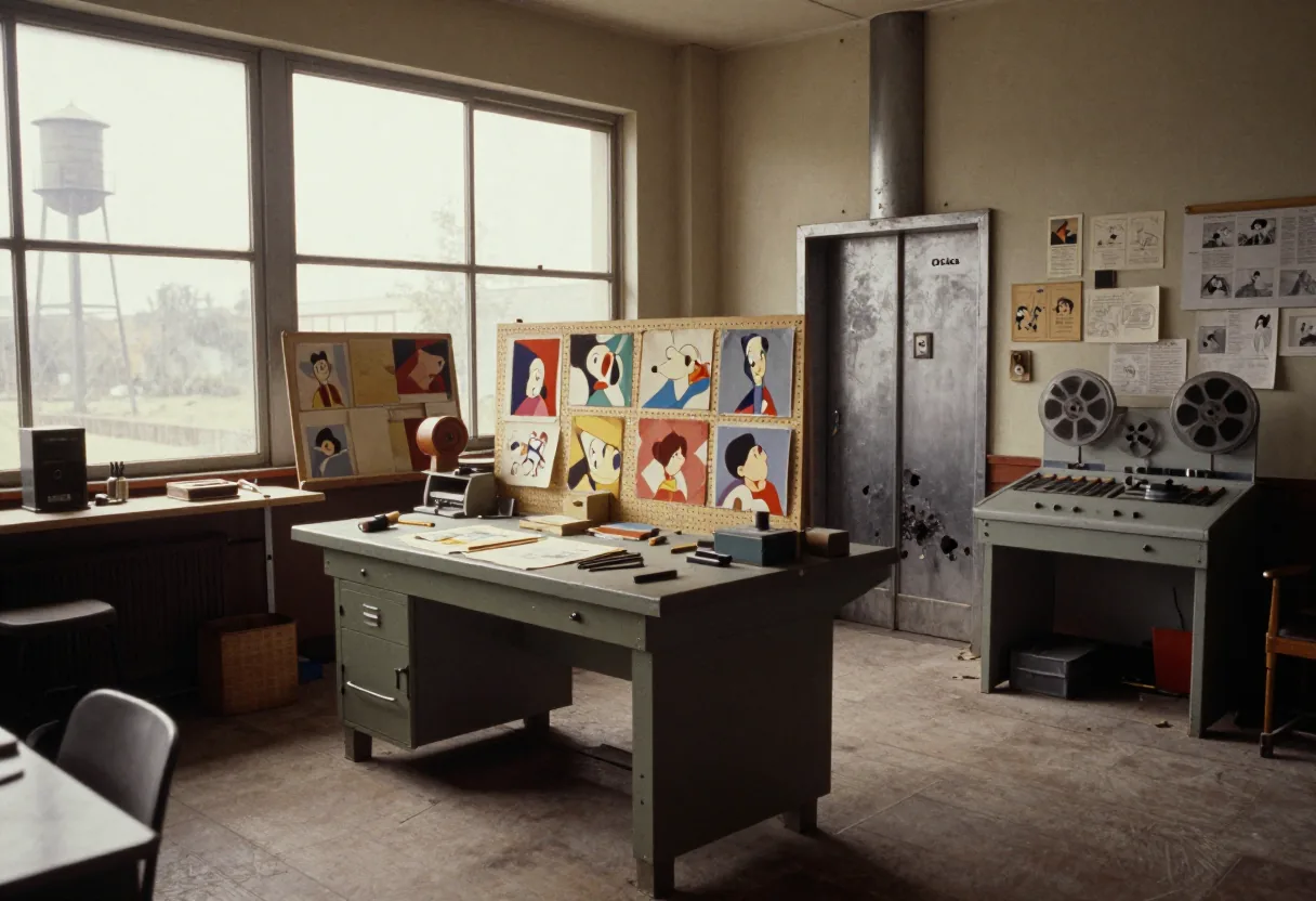 Vintage 1950s animation studio, sunlight streaming through dusty windows, golden age of cartoons.
