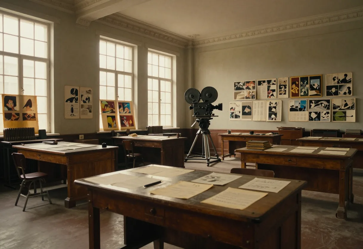 Sunlit classic animation studio with large windows, empty desks, and vintage equipment.