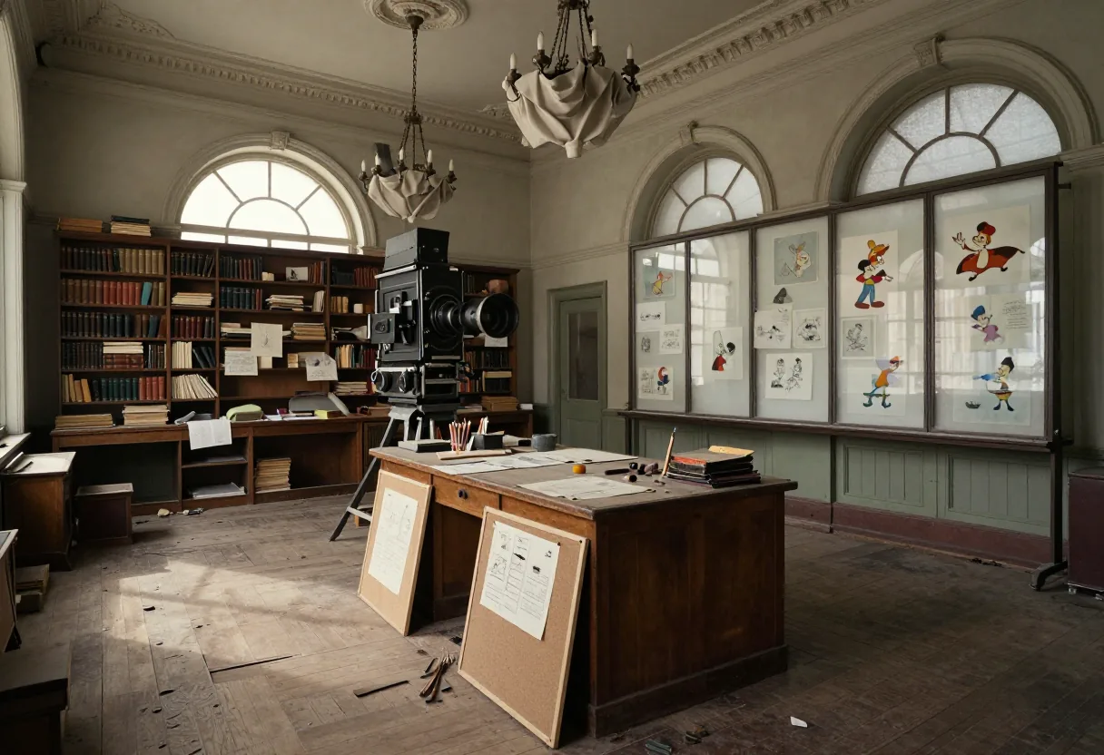Vintage animation studio with arched windows, sunlight, and magical glow, fantasy animation.