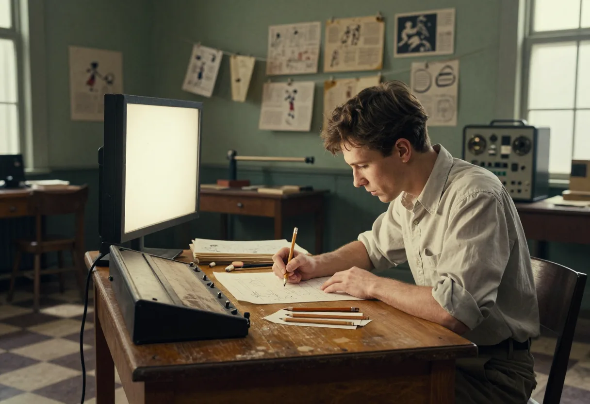 Vintage animation studio with sunlight streaming through windows, animators at work, breaking in.