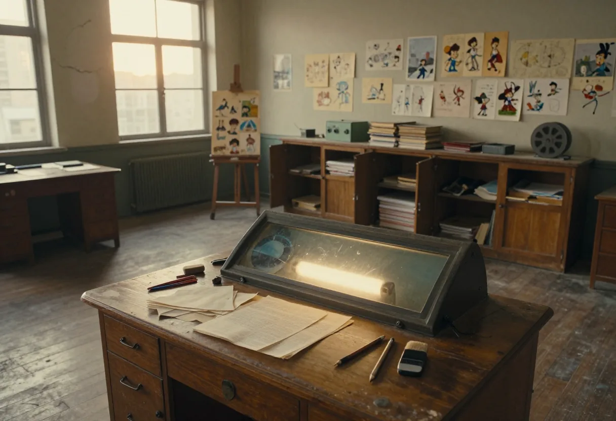 Vintage animation studio, sunlight streaming through dusty windows, evolution of cartoons.