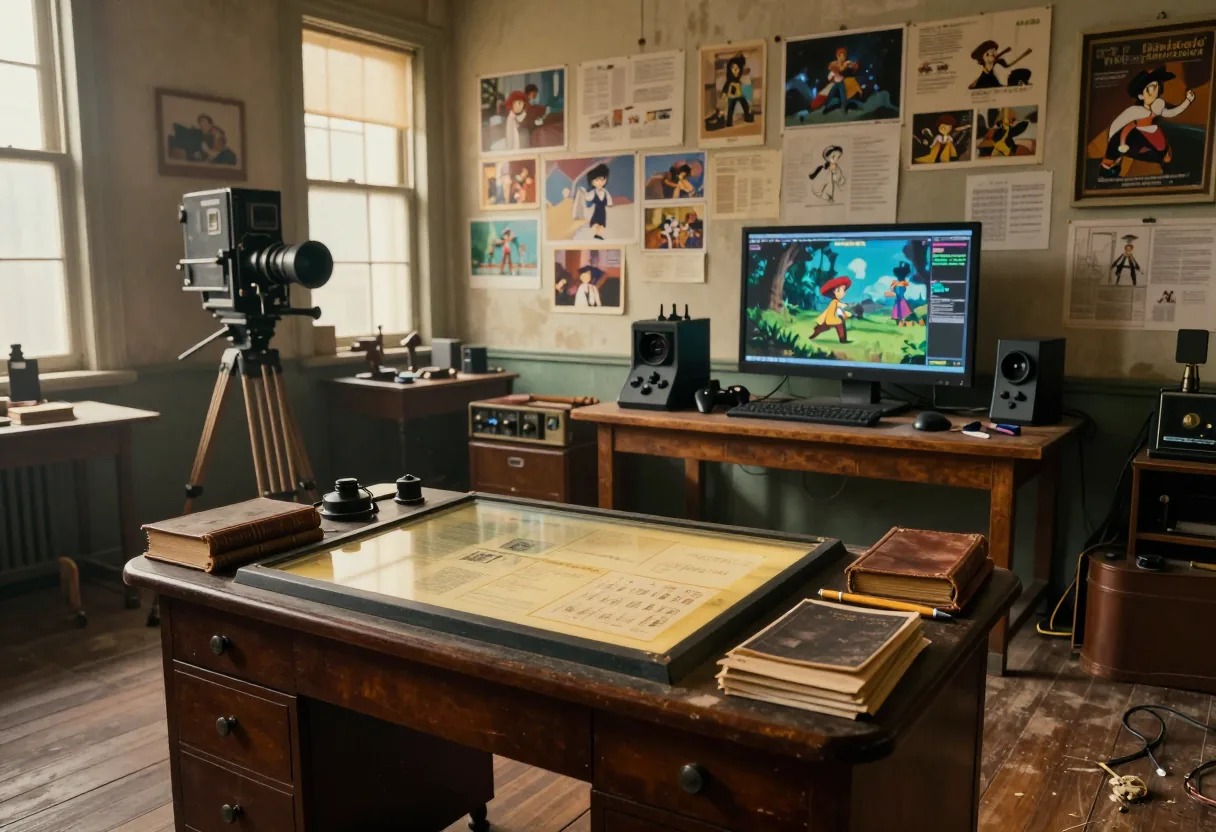 A vintage animation studio with modern gaming elements, blending classic and contemporary styles.