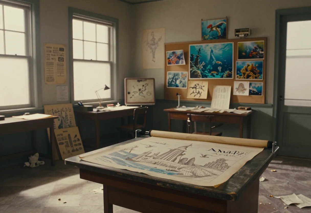 Vintage animation studio with Lost Atlantis storyboards and stills, soft focus.