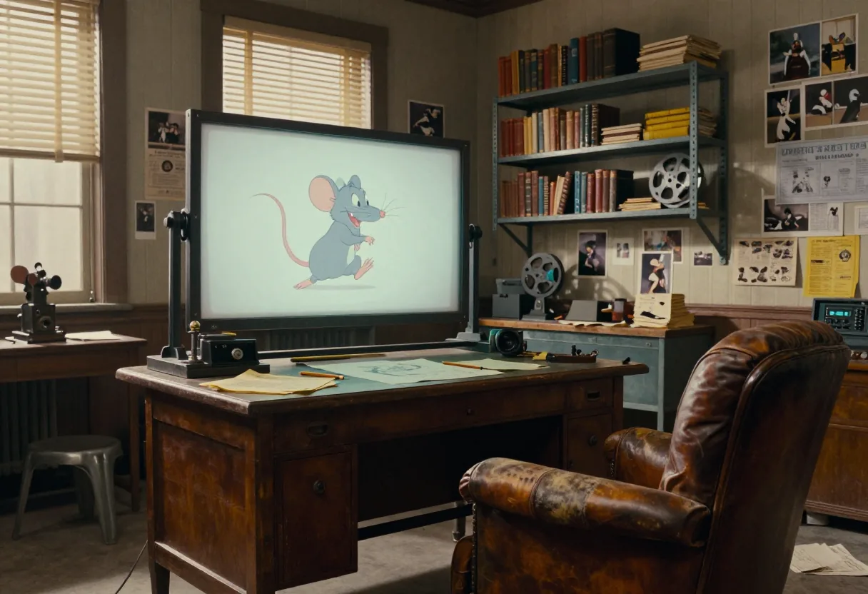 Vintage rat cartoons on animation cels, studio backdrop, animated rodents through the years.