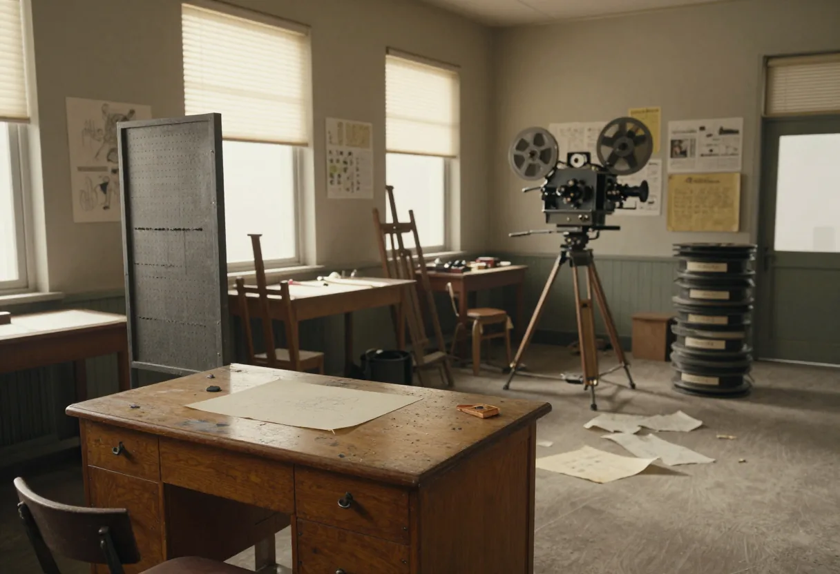 Vintage animation studio with drawing tools, sunlight, and dusty windows, illustrating software for animation.