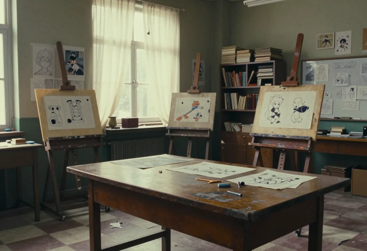 Old animation studio with drawing tables, lightboxes, and artwork under soft light. Teaching animation.