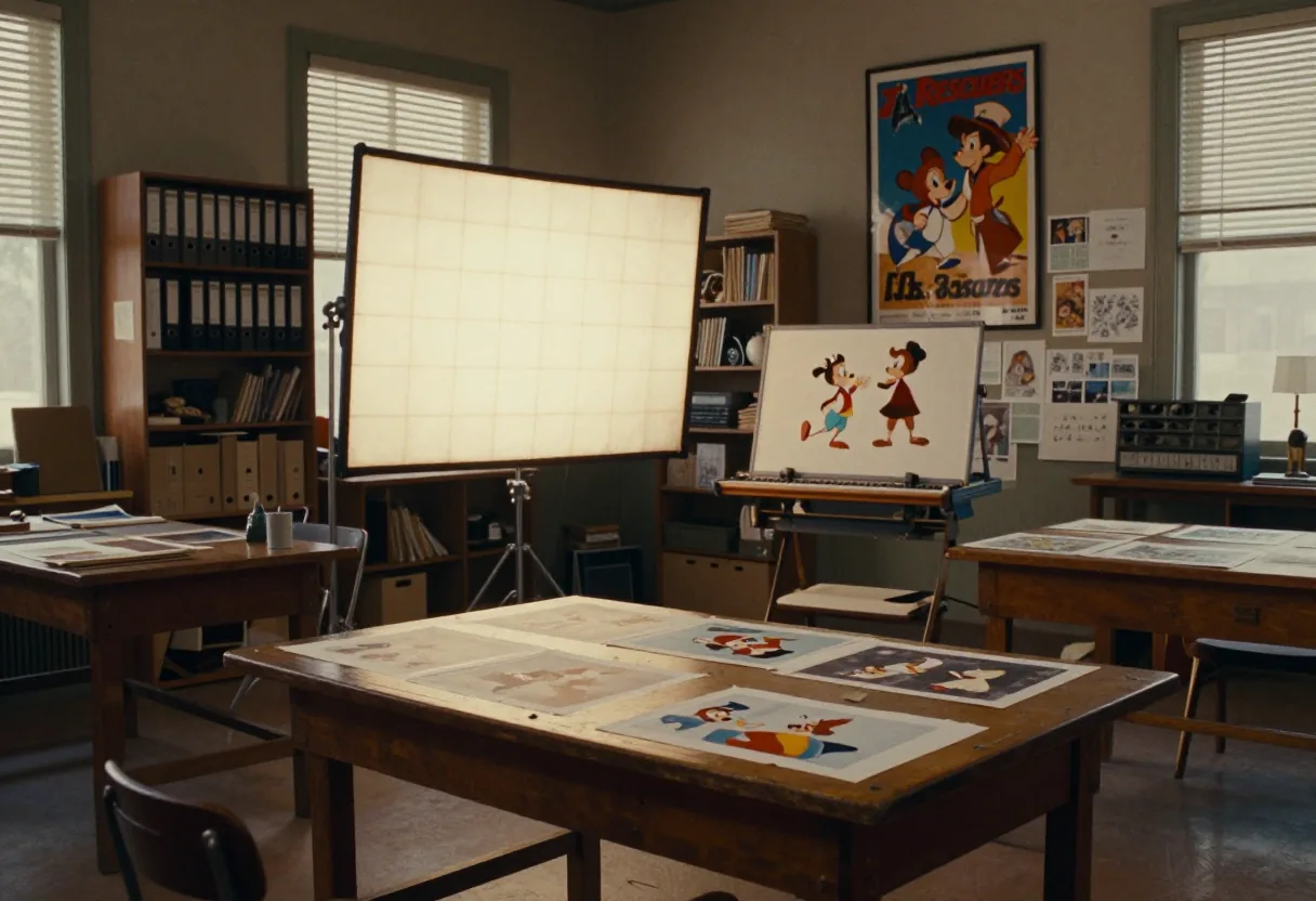 Old Disney animation cells of "The Rescuers" on a lightbox, classic cartoon.